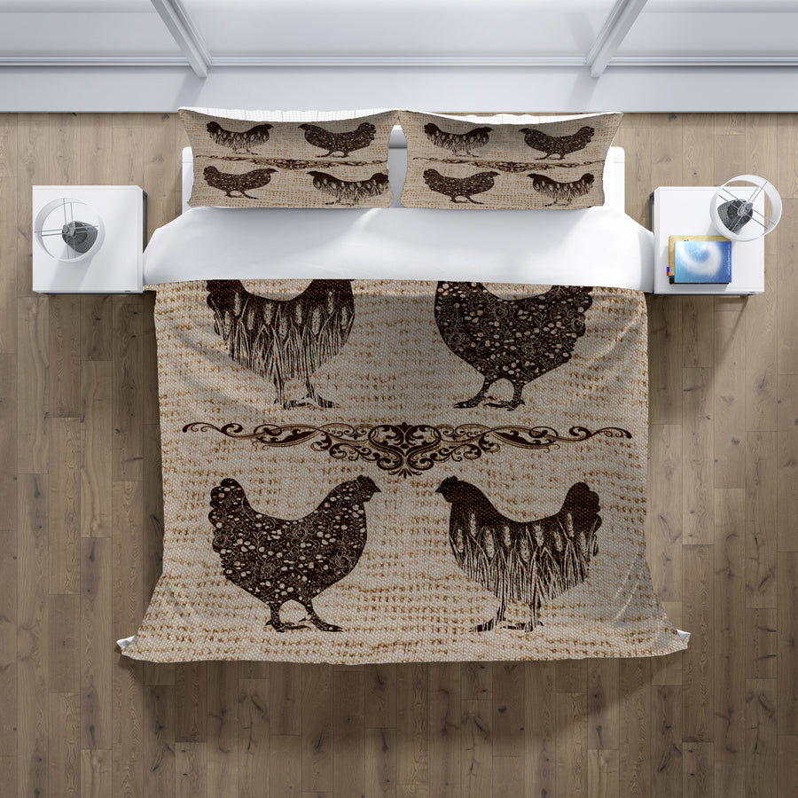 Brown Vintage Farm Chicken Sketch Pattern Duvet Cover