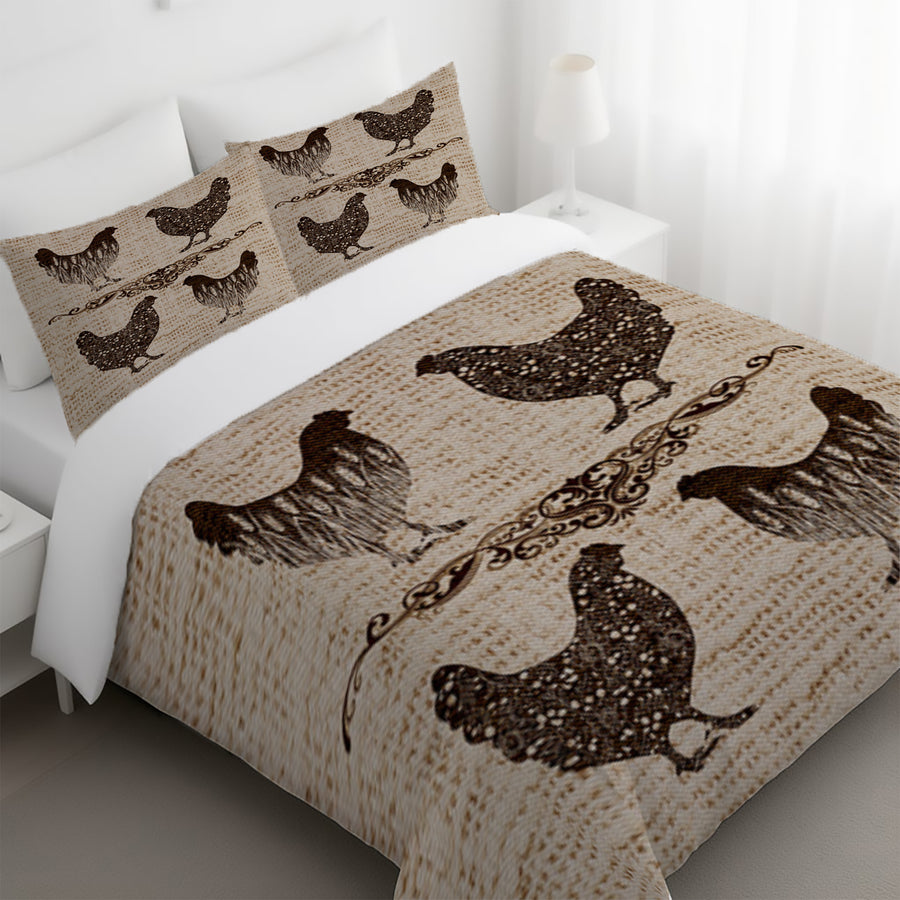 Brown Vintage Farm Chicken Sketch Pattern Duvet Cover
