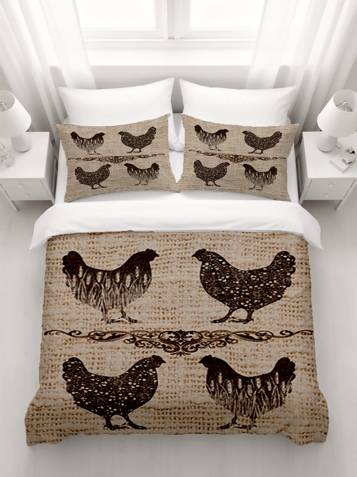 Brown Vintage Farm Chicken Sketch Pattern Duvet Cover