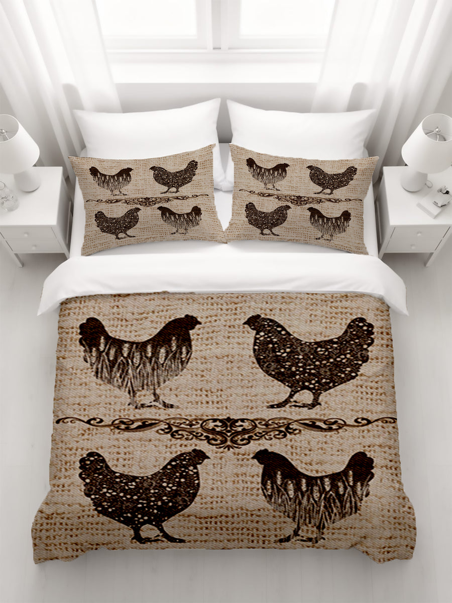 Brown Vintage Farm Chicken Sketch Pattern Duvet Cover