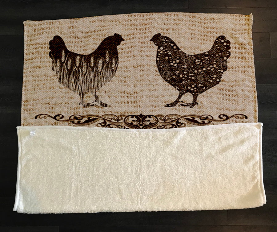 Brown Vintage Farm Chicken Sketch Pattern Fleece Sherpa Blanket