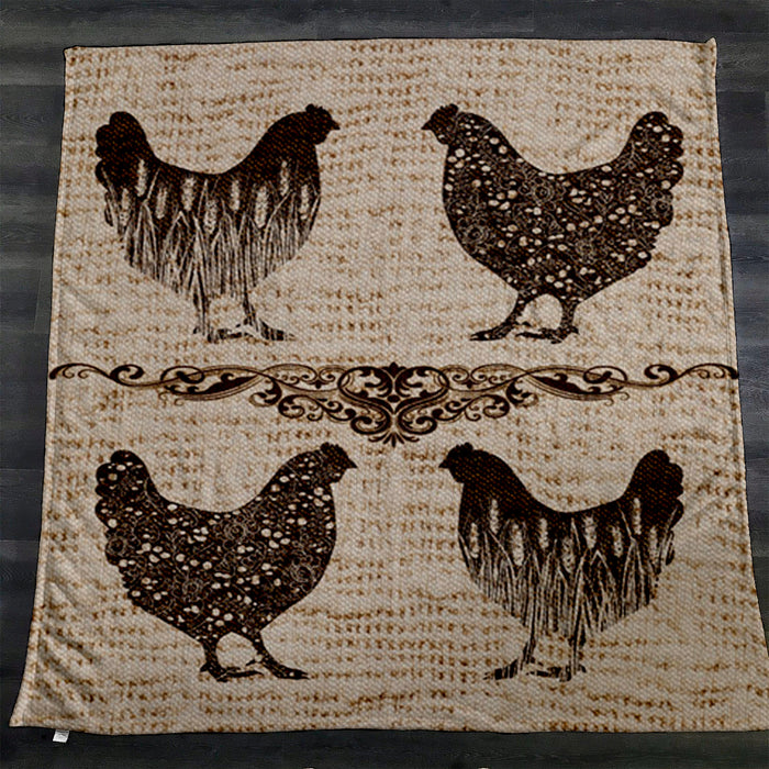 Brown Vintage Farm Chicken Sketch Pattern Fleece Sherpa Blanket