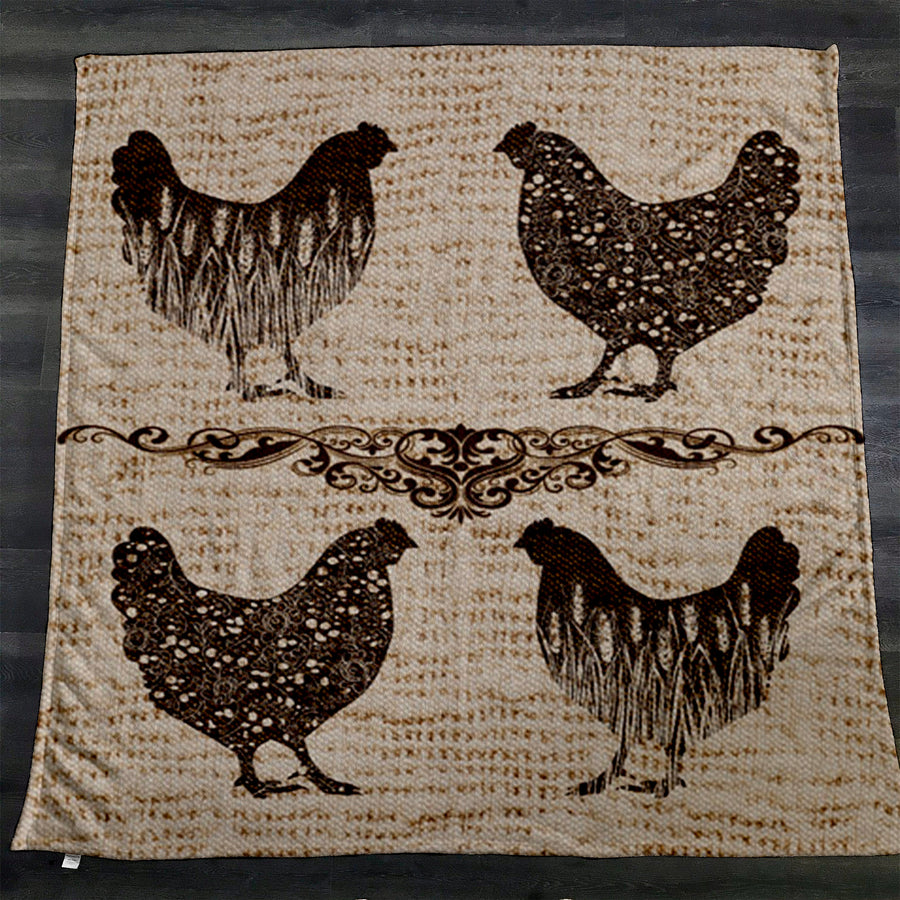 Brown Vintage Farm Chicken Sketch Pattern Fleece Sherpa Blanket
