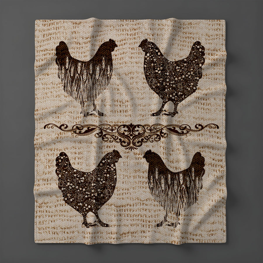 Brown Vintage Farm Chicken Sketch Pattern Fleece Sherpa Blanket