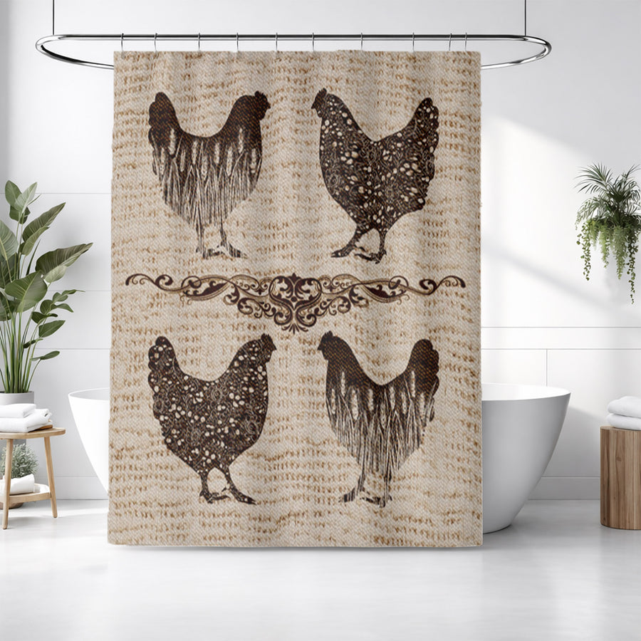Brown Vintage Farm Chicken Sketch Pattern Shower Curtain