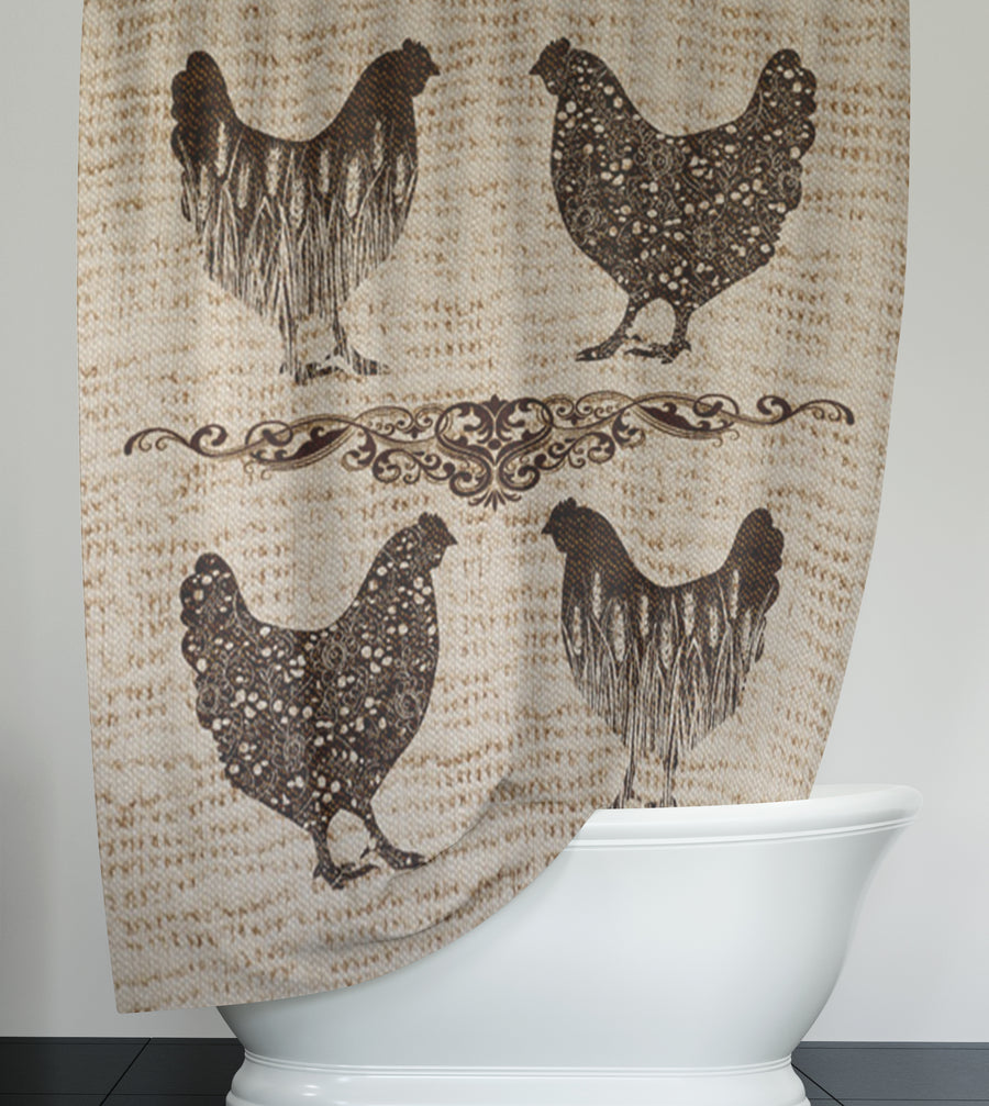 Brown Vintage Farm Chicken Sketch Pattern Shower Curtain