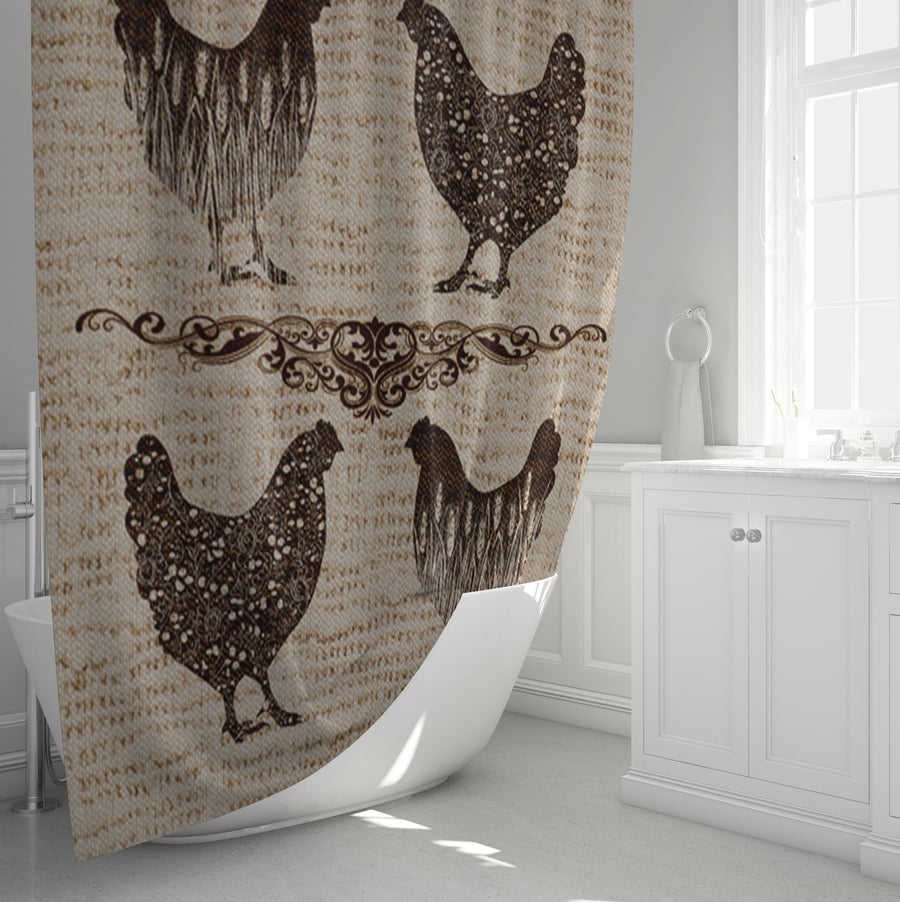 Brown Vintage Farm Chicken Sketch Pattern Shower Curtain