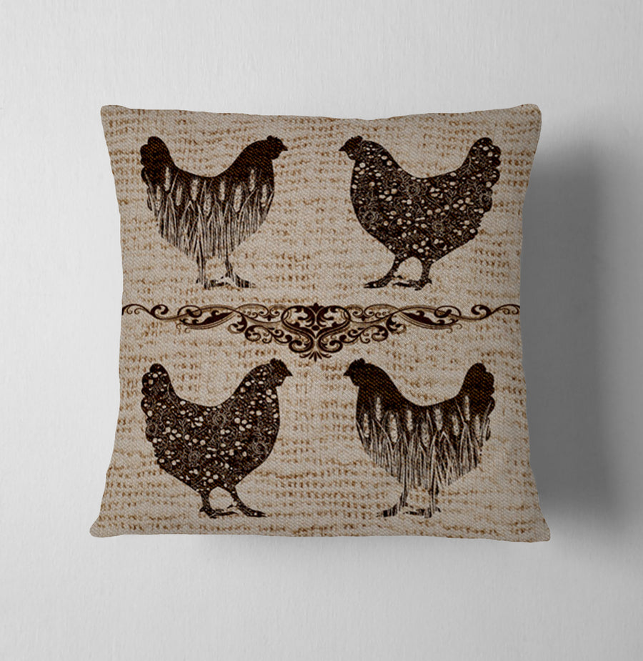 Brown Vintage Farm Chicken Sketch Pattern Throw Pillow Cover