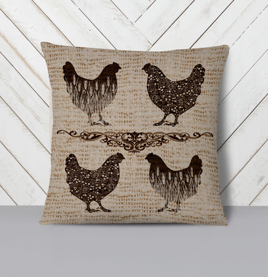 Brown Vintage Farm Chicken Sketch Pattern Throw Pillow Cover