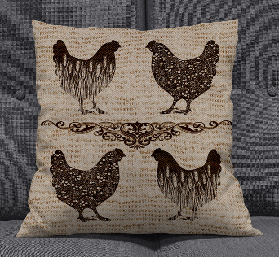 Brown Vintage Farm Chicken Sketch Pattern Throw Pillow Cover