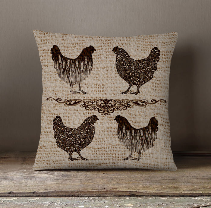 Brown Vintage Farm Chicken Sketch Pattern Throw Pillow Cover