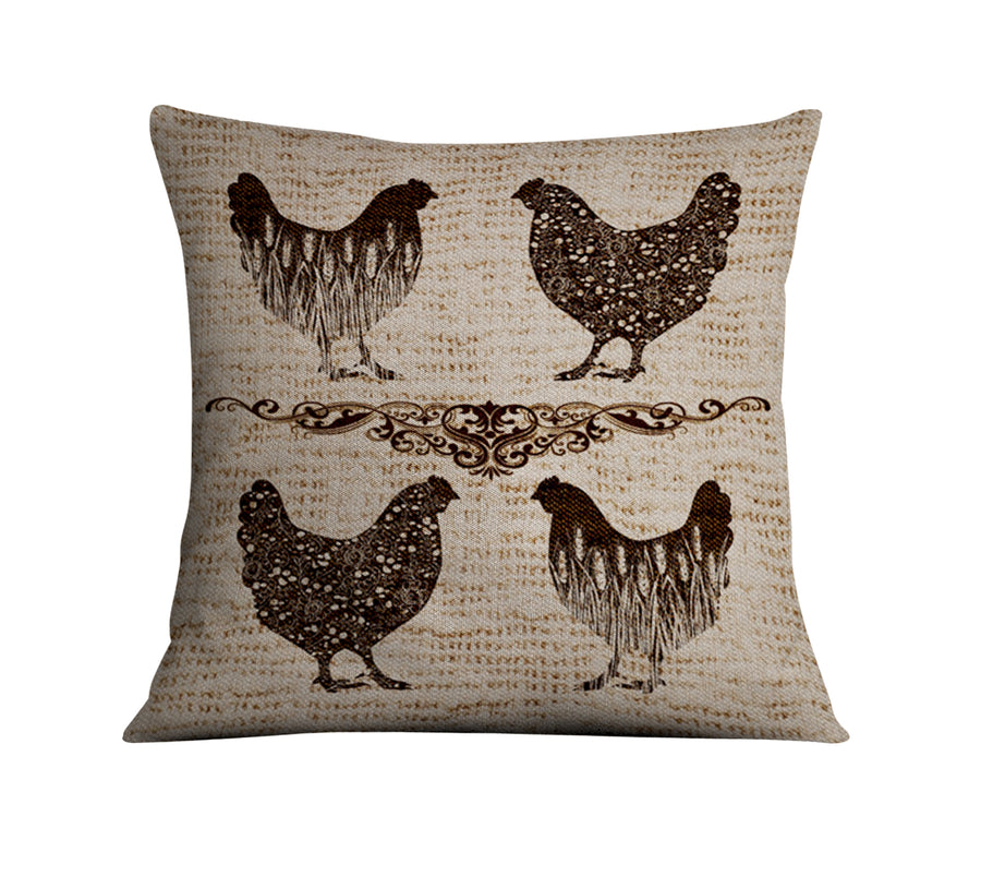 Brown Vintage Farm Chicken Sketch Pattern Throw Pillow Cover