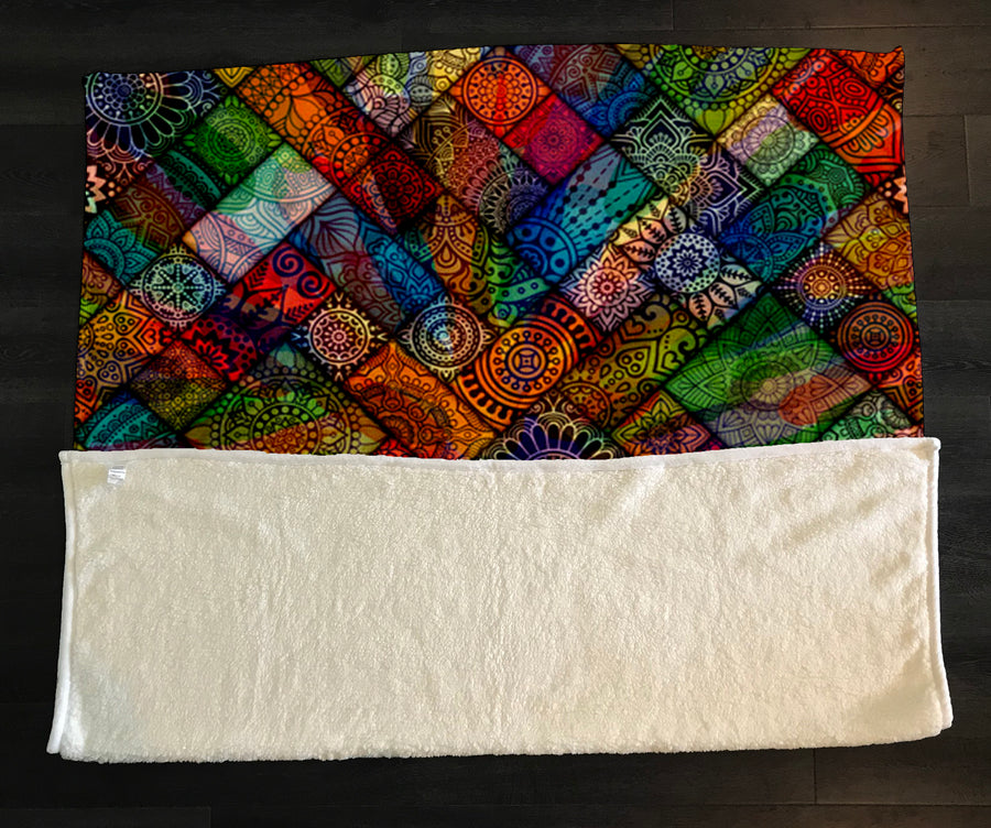 Multicolor Stained Glass Patchwork Pattern Fleece Sherpa Blanket