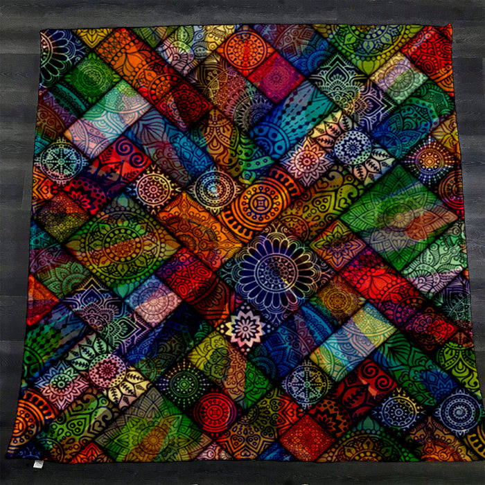 Multicolor Stained Glass Patchwork Pattern Fleece Sherpa Blanket