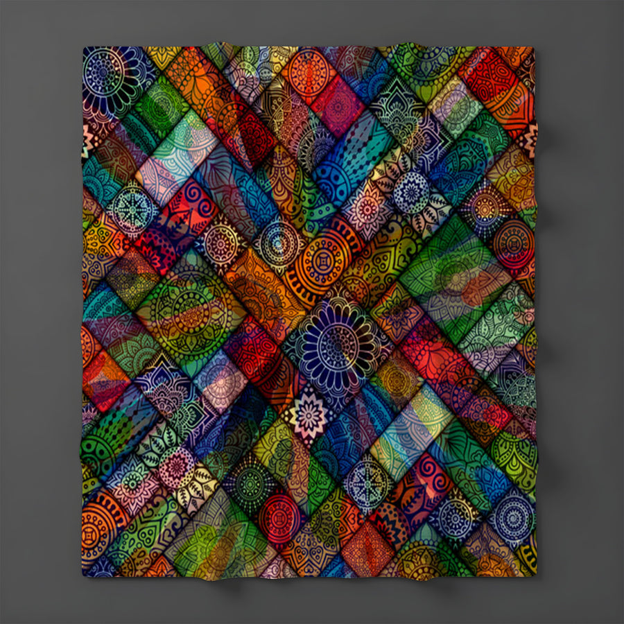 Multicolor Stained Glass Patchwork Pattern Fleece Sherpa Blanket
