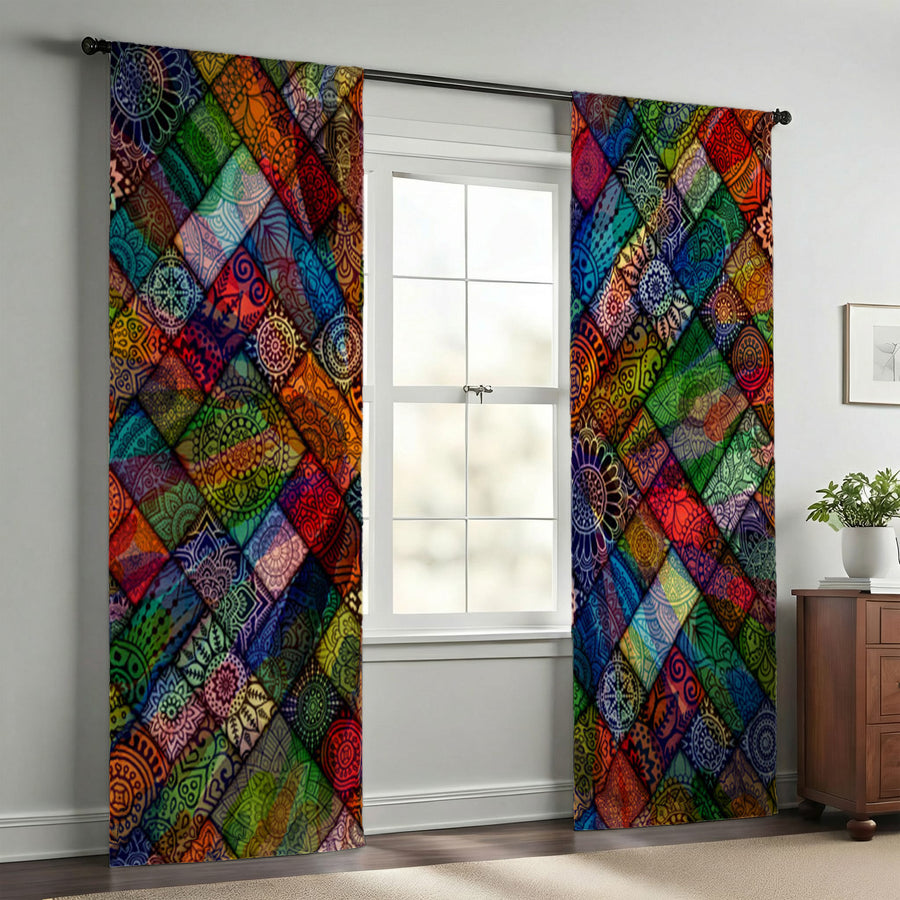 Multicolor Stained Glass Patchwork Pattern Window Curtains