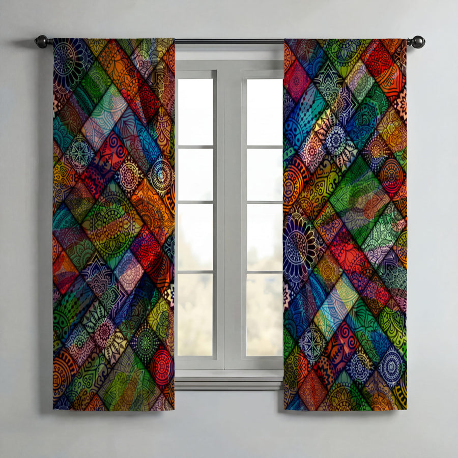 Multicolor Stained Glass Patchwork Pattern Window Curtains