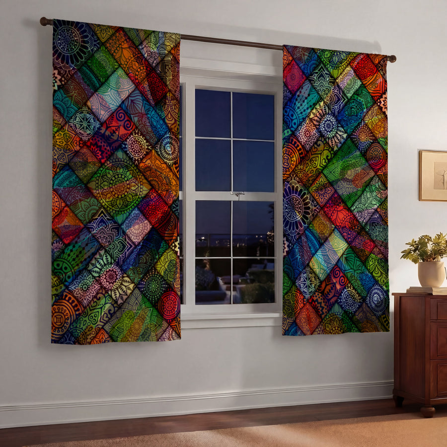 Multicolor Stained Glass Patchwork Pattern Window Curtains