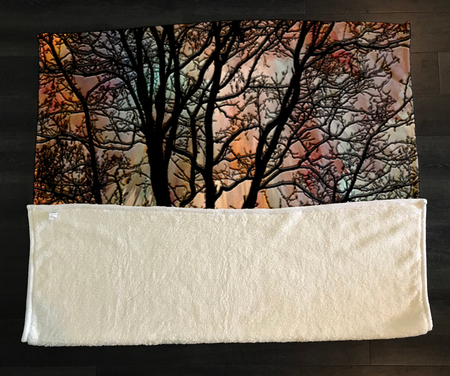 Sunset Tree Silhouette Landscape Artwork Fleece Sherpa Blanket