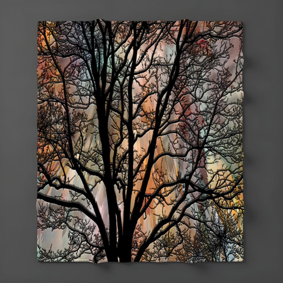 Sunset Tree Silhouette Landscape Artwork Fleece Sherpa Blanket