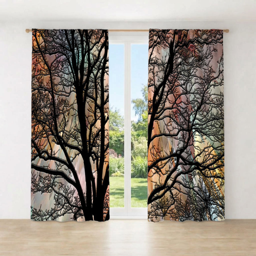Sunset Tree Silhouette Landscape Artwork Window Curtains