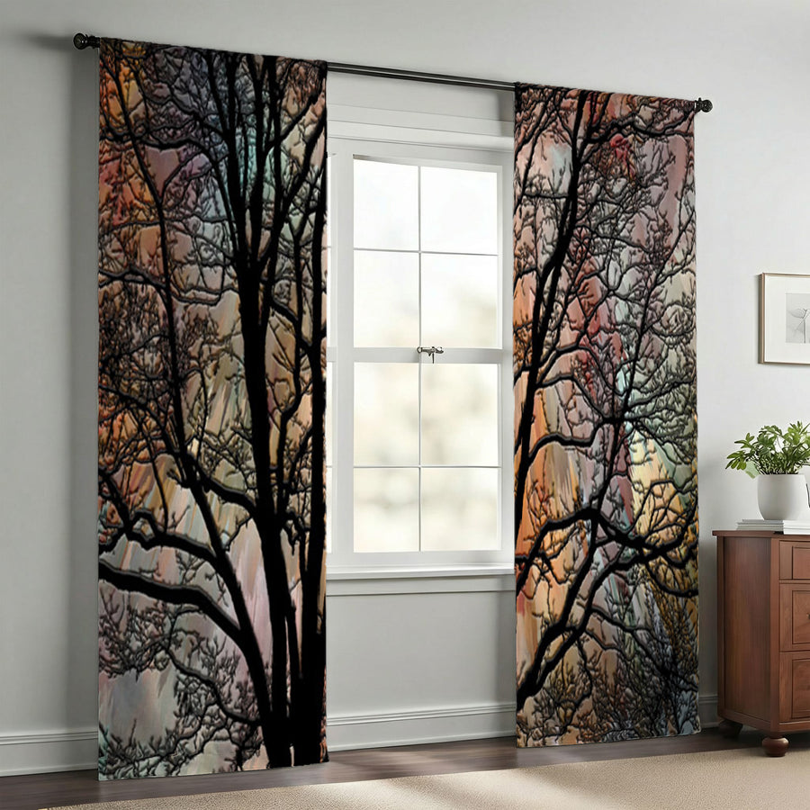Sunset Tree Silhouette Landscape Artwork Window Curtains