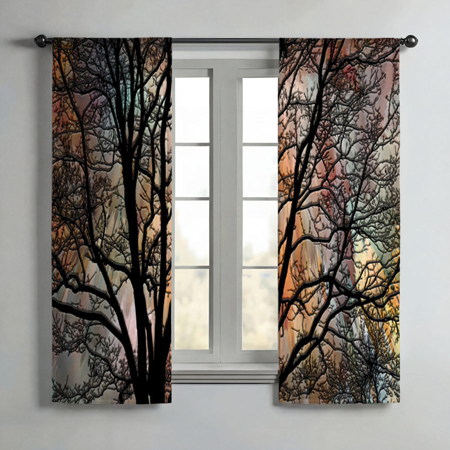Sunset Tree Silhouette Landscape Artwork Window Curtains