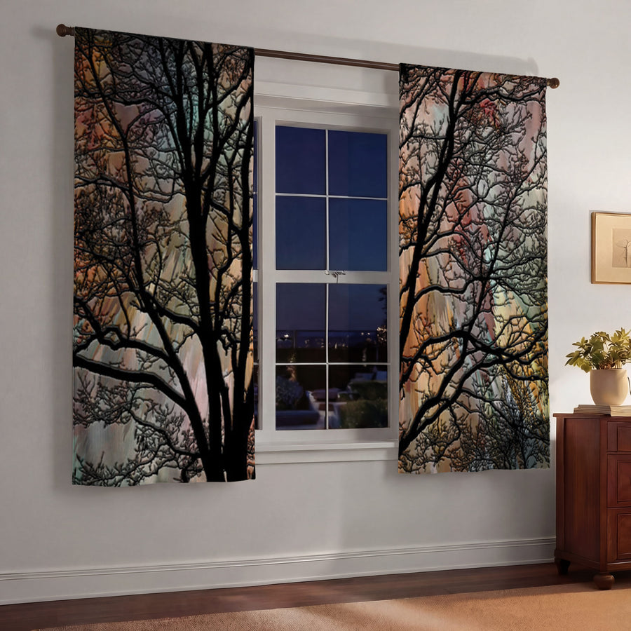 Sunset Tree Silhouette Landscape Artwork Window Curtains