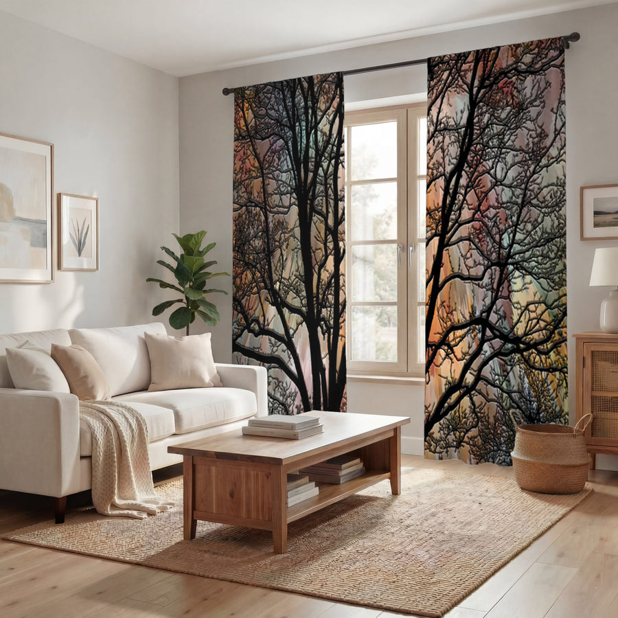 Sunset Tree Silhouette Landscape Artwork Window Curtains