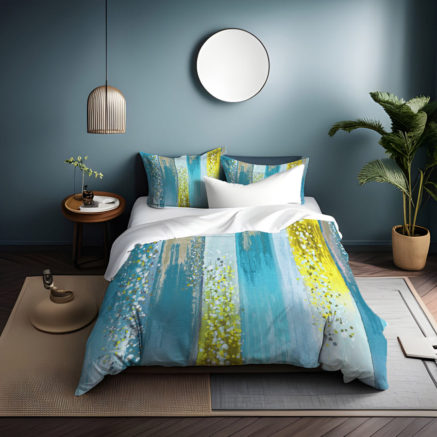 Gold and Blue Vertical Metallic Drip Pattern Duvet Cover