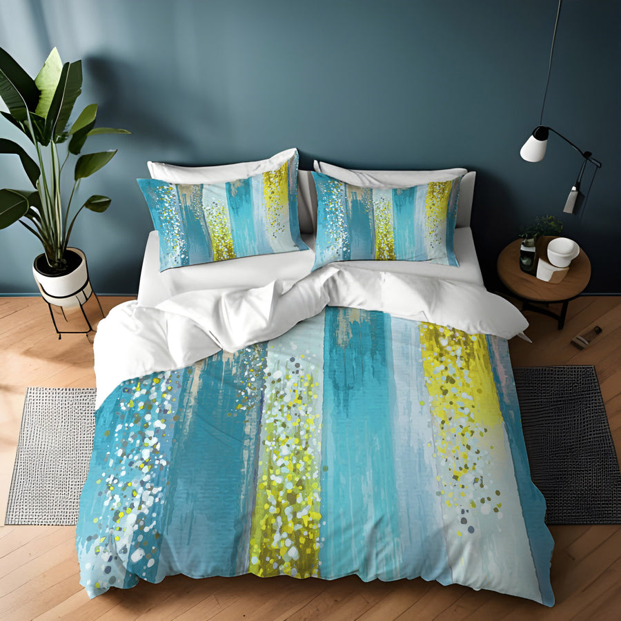 Gold and Blue Vertical Metallic Drip Pattern Duvet Cover