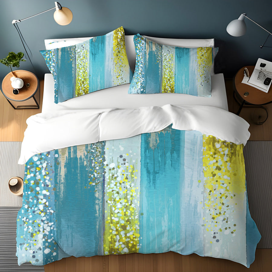 Gold and Blue Vertical Metallic Drip Pattern Duvet Cover