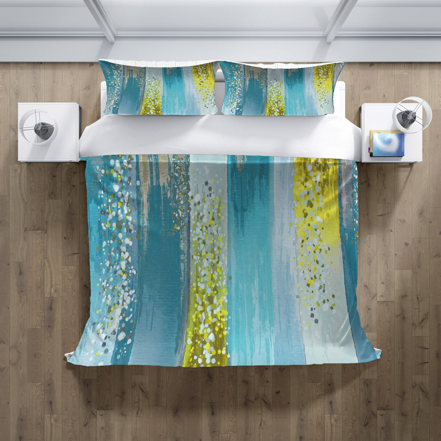 Gold and Blue Vertical Metallic Drip Pattern Duvet Cover