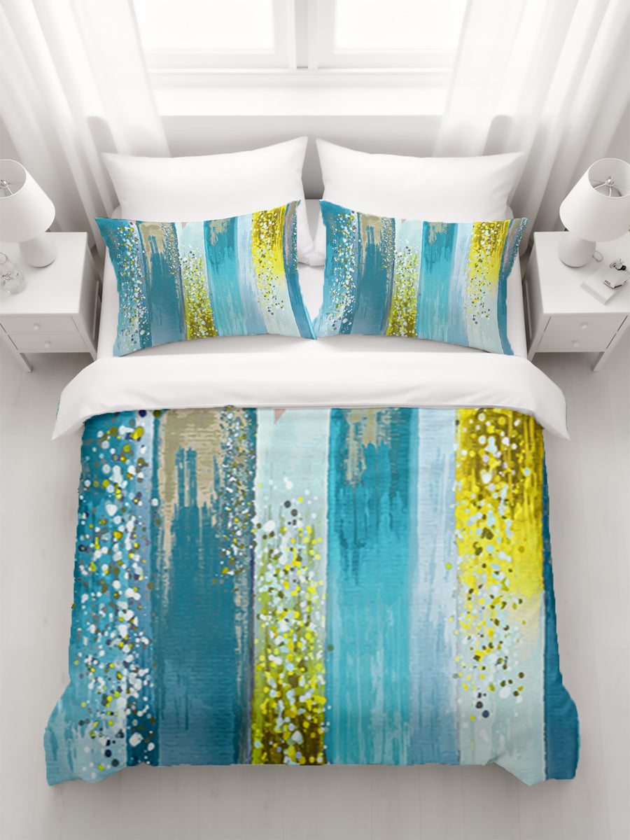 Gold and Blue Vertical Metallic Drip Pattern Duvet Cover