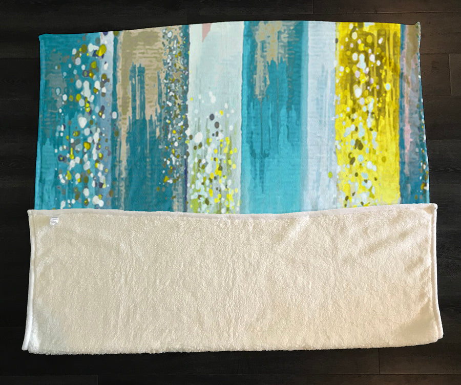 Gold and Blue Vertical Metallic Drip Pattern Fleece Sherpa Blanket