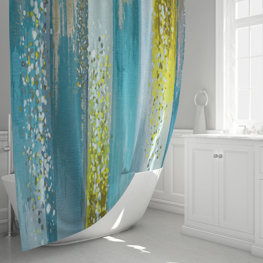 Gold and Blue Vertical Metallic Drip Pattern Shower Curtain