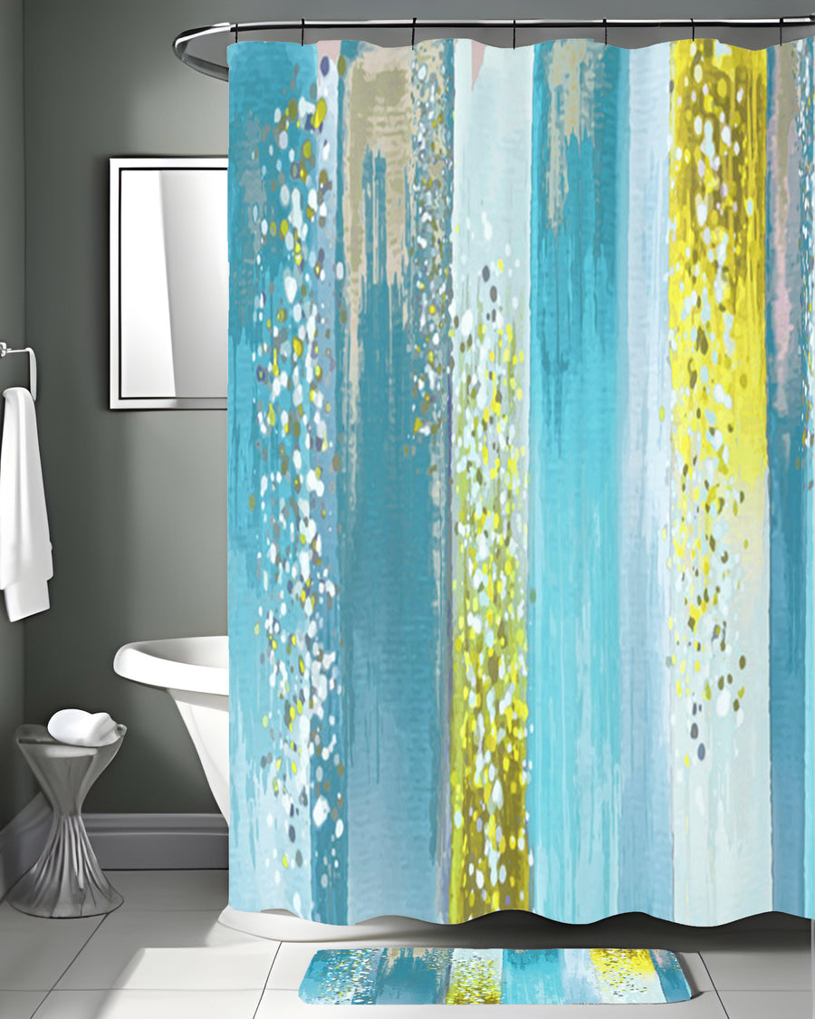 Gold and Blue Vertical Metallic Drip Pattern Shower Curtain