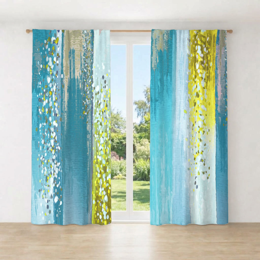 Gold and Blue Vertical Metallic Drip Pattern Window Curtains