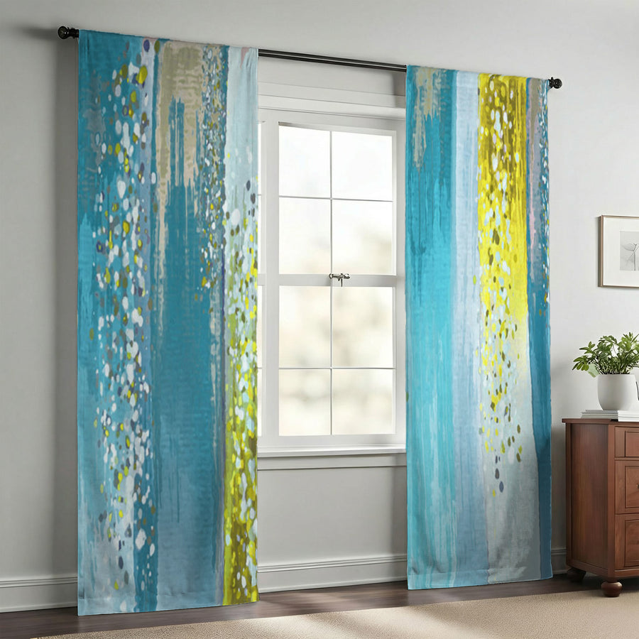 Gold and Blue Vertical Metallic Drip Pattern Window Curtains