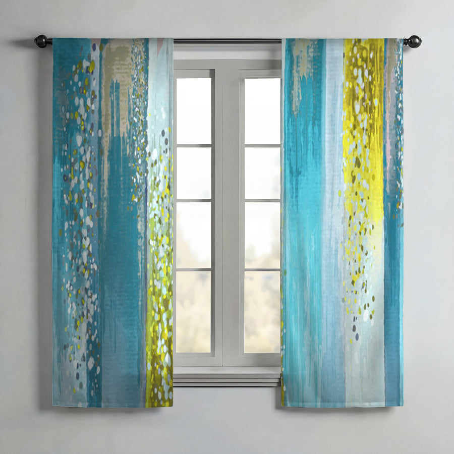 Gold and Blue Vertical Metallic Drip Pattern Window Curtains