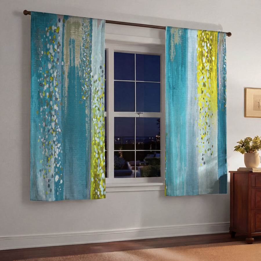 Gold and Blue Vertical Metallic Drip Pattern Window Curtains