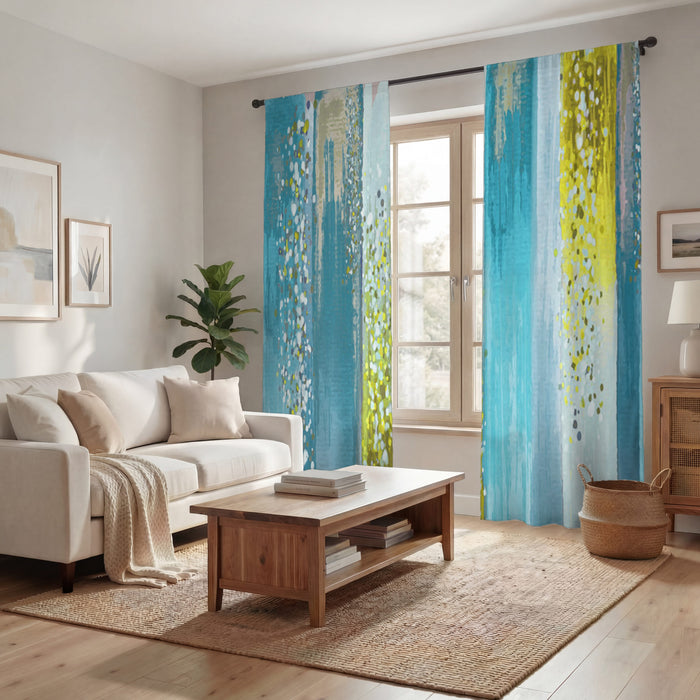 Gold and Blue Vertical Metallic Drip Pattern Window Curtains