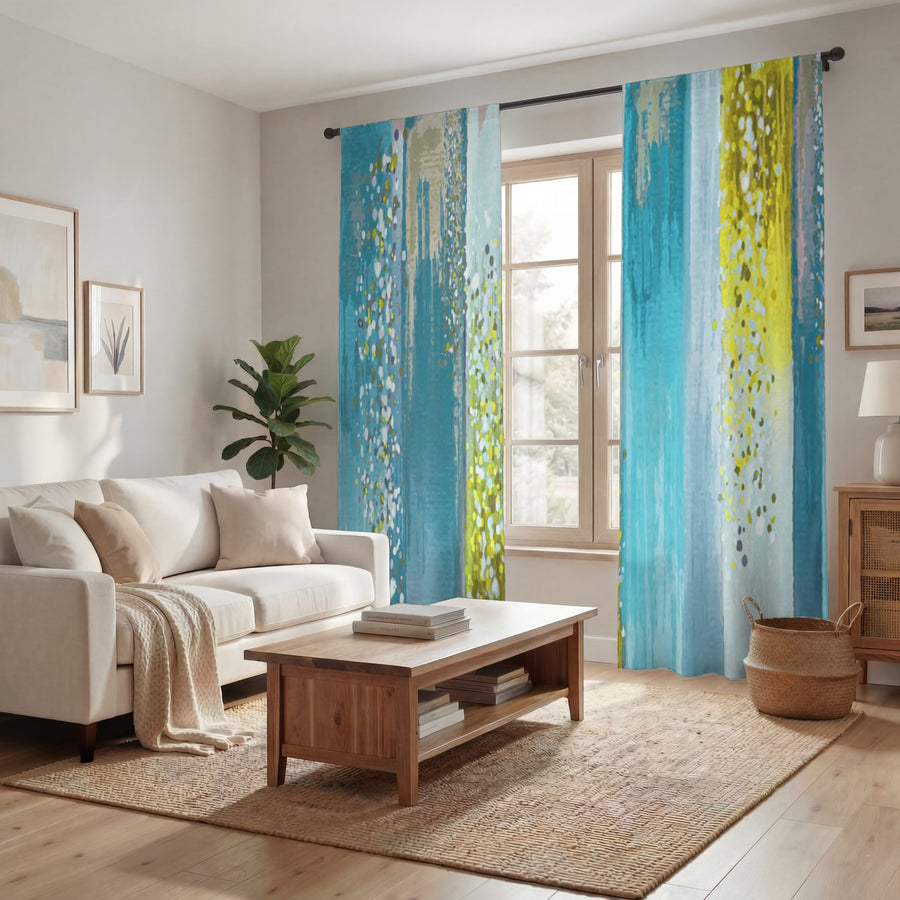 Gold and Blue Vertical Metallic Drip Pattern Window Curtains