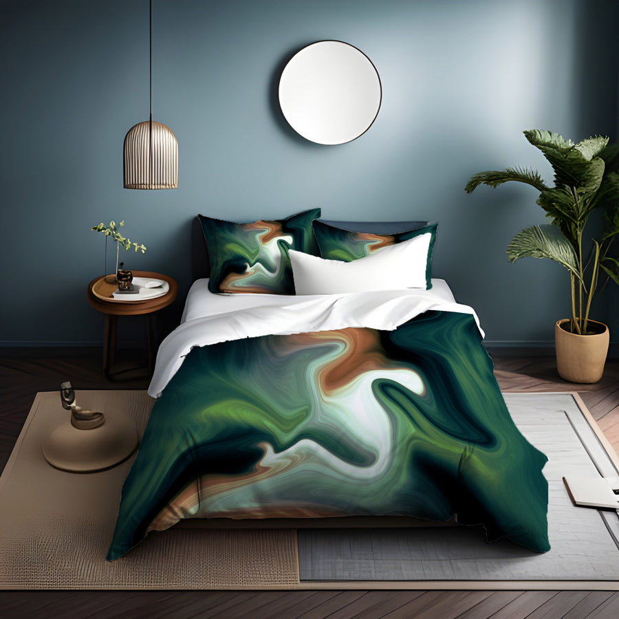Green and Beige Fluid Marble Abstract Pattern Duvet Cover