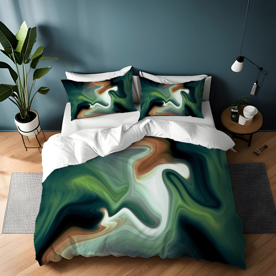 Green and Beige Fluid Marble Abstract Pattern Duvet Cover