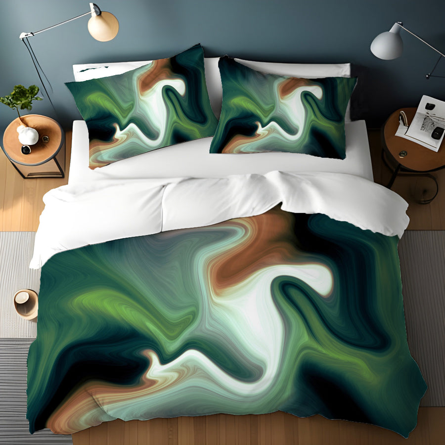 Green and Beige Fluid Marble Abstract Pattern Duvet Cover