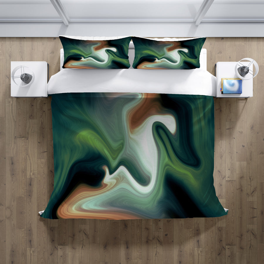 Green and Beige Fluid Marble Abstract Pattern Duvet Cover