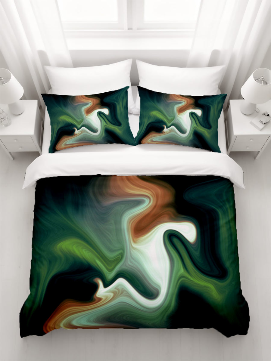 Green and Beige Fluid Marble Abstract Pattern Duvet Cover