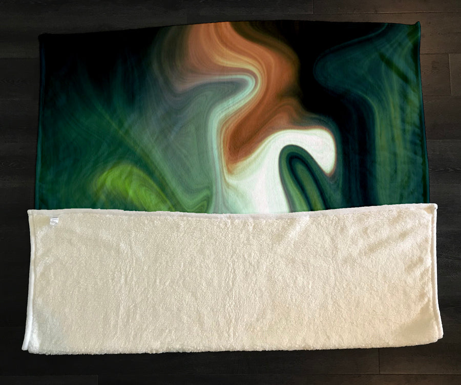Green and Beige Fluid Marble Abstract Pattern Fleece Sherpa Blanket