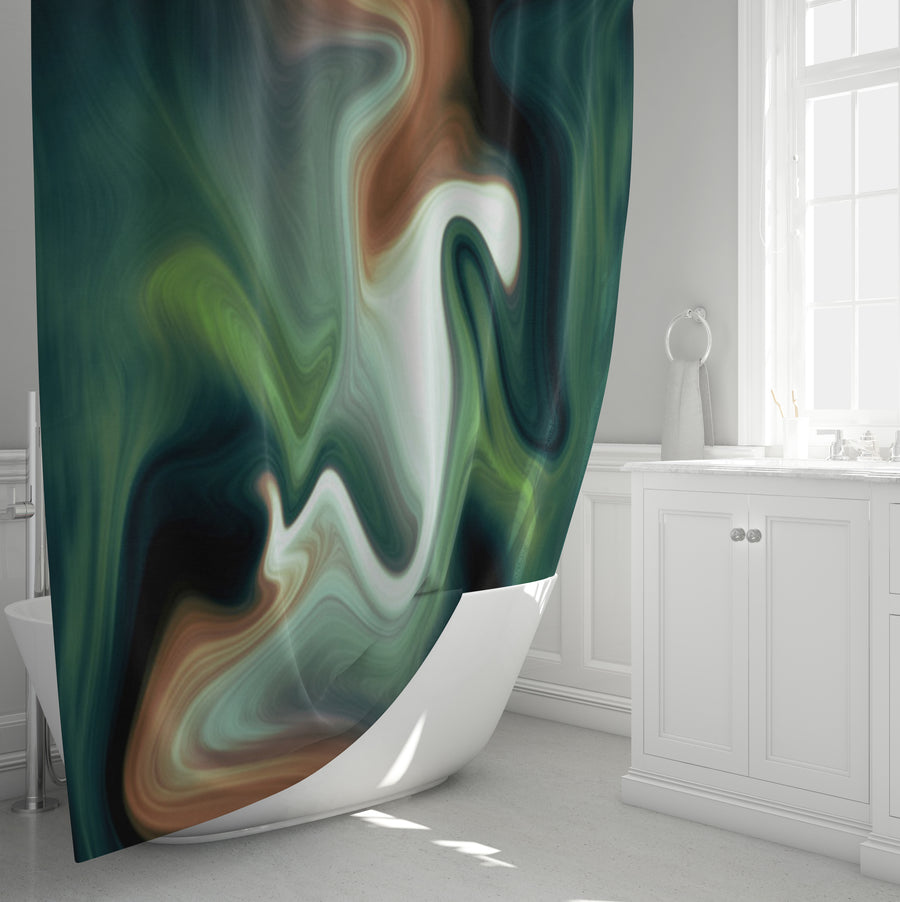 Green and Beige Fluid Marble Abstract Pattern Shower Curtain